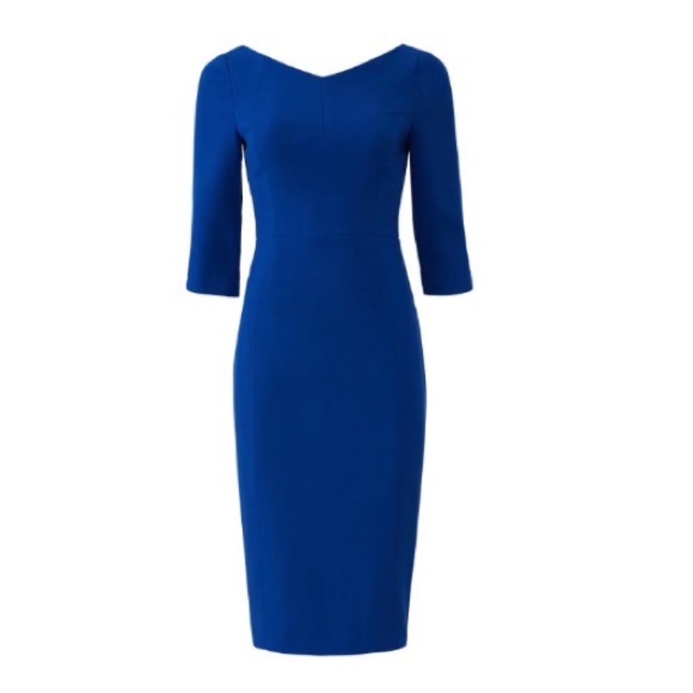 Black Halo prismatic sheath dress in vibrant blue crepe, size 8.